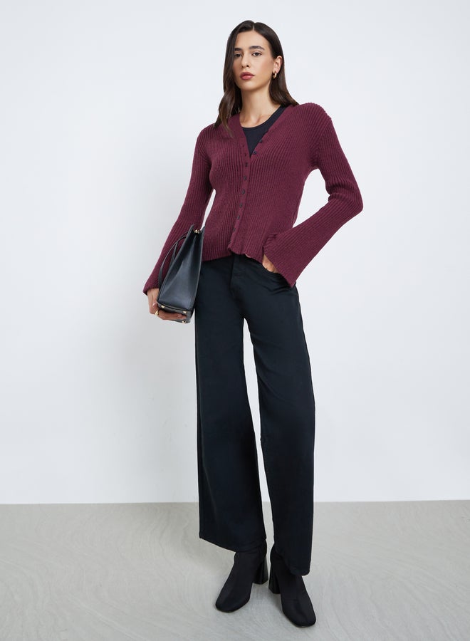 Styli Burgundy Ribbed Button-Down Knit Top with Bell Sleeves - Image 2