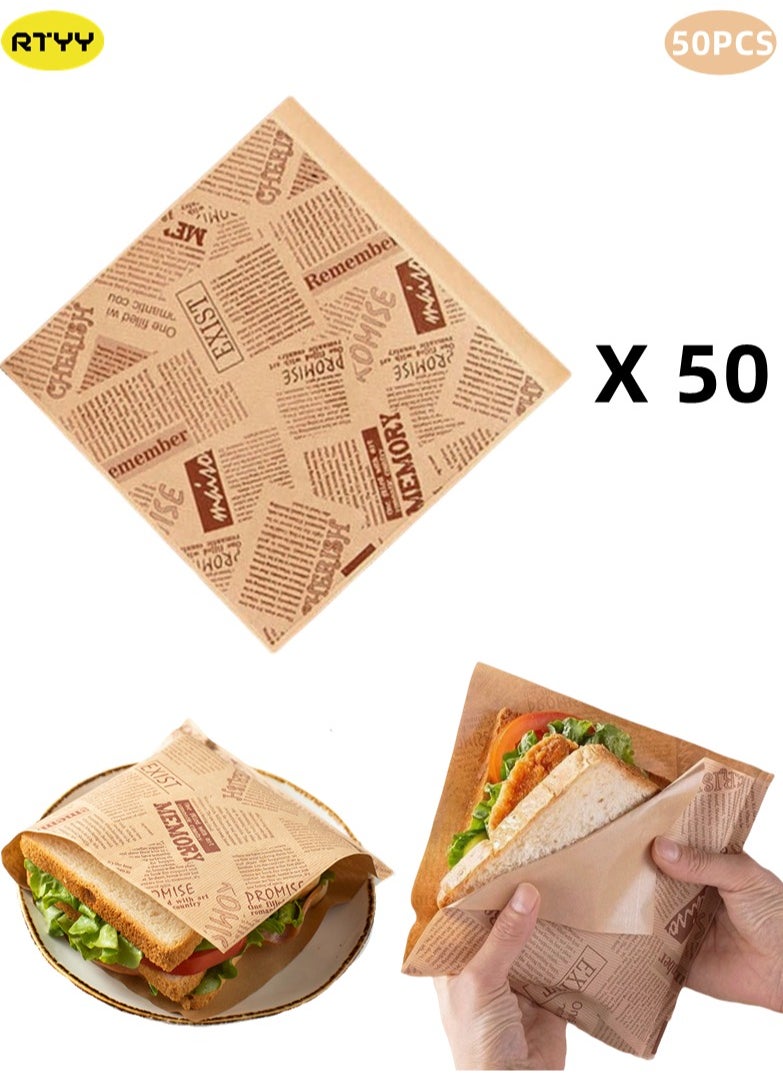 RTYY 50 قطعة من أكياس الهامبرجر مقاس 7 × 7 بوصة، وأكياس الساندويتش، وأكياس ورقية بنية اللون يمكن التخلص منها للغداء، وأكياس البطاطس المقلية، وأكياس ورقية مثلثة مقاومة للزيت، لأكياس الغداء الورقية وأكياس الوجبات الجاهزة والاستخدام المنزلي (بني، 18 × 18 سم)  - Image 1