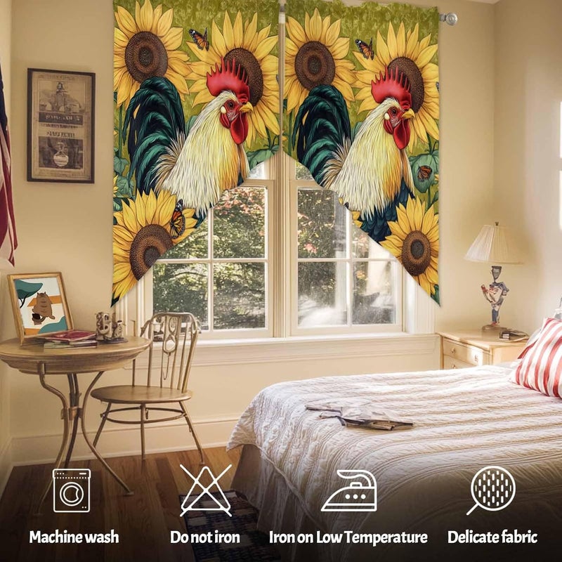 Swag Curtain Valance for Windows Rooster Sunflower Plant Kitchen Valance Rod Pocket Retro Farmhouse Swag Curtains for Kitchen Windows Bathroom Bedroom Window Treatment 56" W x 36" L - Image 3