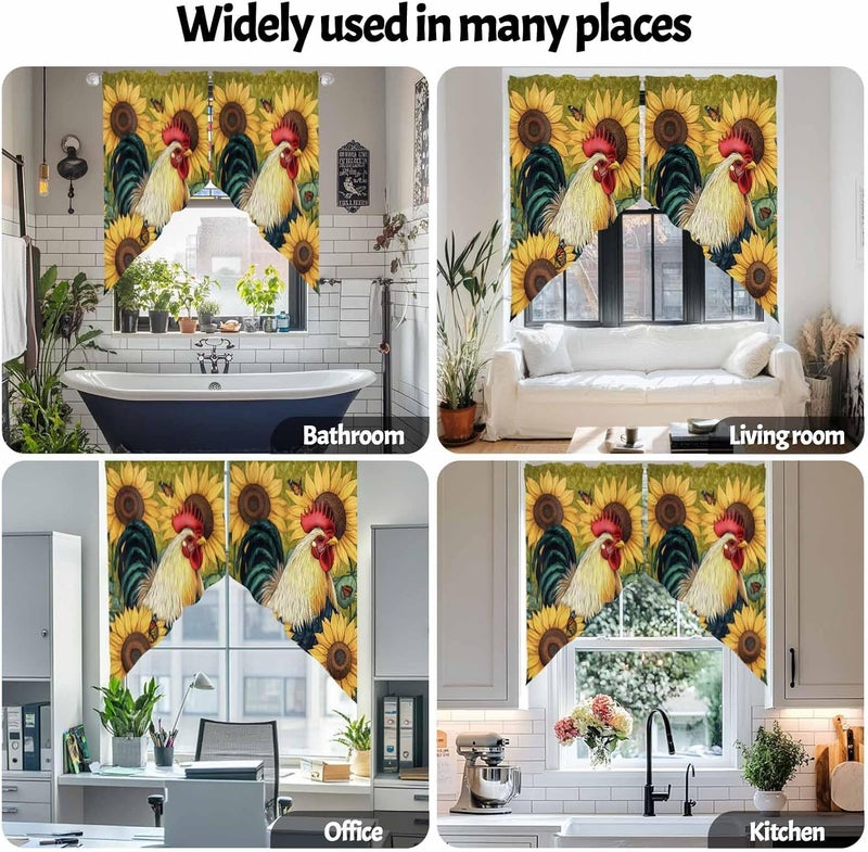 Swag Curtain Valance for Windows Rooster Sunflower Plant Kitchen Valance Rod Pocket Retro Farmhouse Swag Curtains for Kitchen Windows Bathroom Bedroom Window Treatment 56" W x 36" L - Image 5