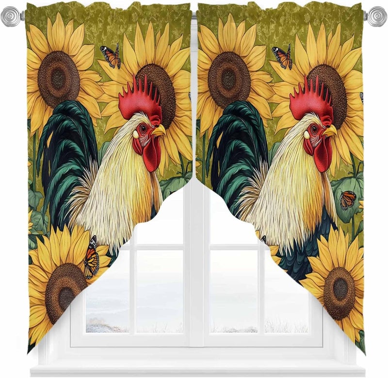 Swag Curtain Valance for Windows Rooster Sunflower Plant Kitchen Valance Rod Pocket Retro Farmhouse Swag Curtains for Kitchen Windows Bathroom Bedroom Window Treatment 56" W x 36" L - Image 1