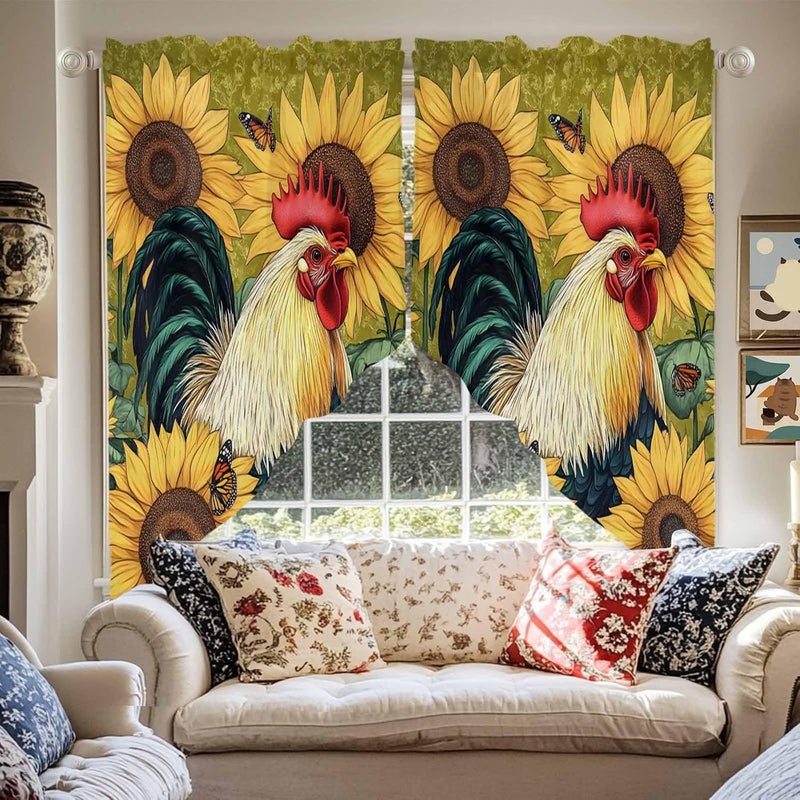 Swag Curtain Valance for Windows Rooster Sunflower Plant Kitchen Valance Rod Pocket Retro Farmhouse Swag Curtains for Kitchen Windows Bathroom Bedroom Window Treatment 56" W x 36" L - Image 2