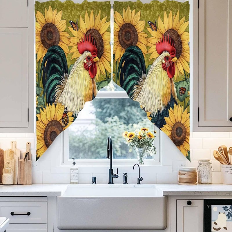 Swag Curtain Valance for Windows Rooster Sunflower Plant Kitchen Valance Rod Pocket Retro Farmhouse Swag Curtains for Kitchen Windows Bathroom Bedroom Window Treatment 56" W x 36" L - Image 4