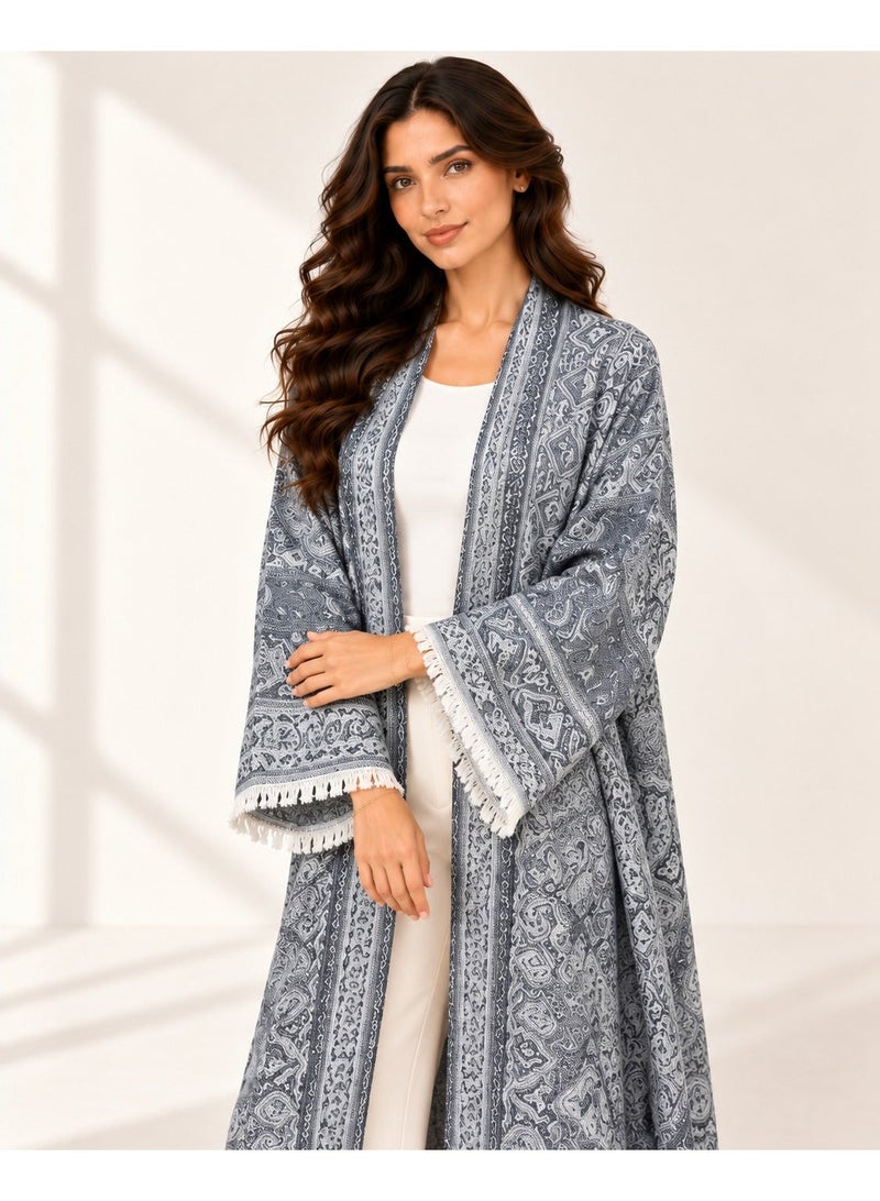 KAVALEE Women's Dark Grey Paisley Pashmina Open Abaya with Matching Scarf - Image 2
