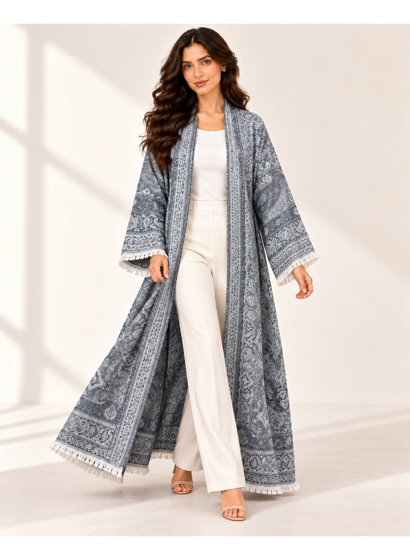 KAVALEE Women's Dark Grey Paisley Pashmina Open Abaya with Matching Scarf - Image 3
