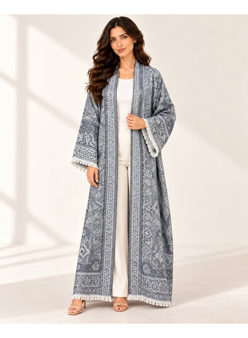 KAVALEE Women's Dark Grey Paisley Pashmina Open Abaya with Matching Scarf - Image 1