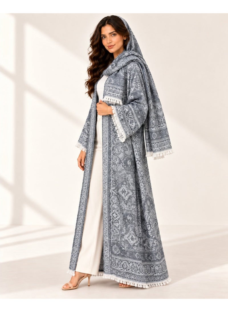KAVALEE Women's Dark Grey Paisley Pashmina Open Abaya with Matching Scarf - Image 5