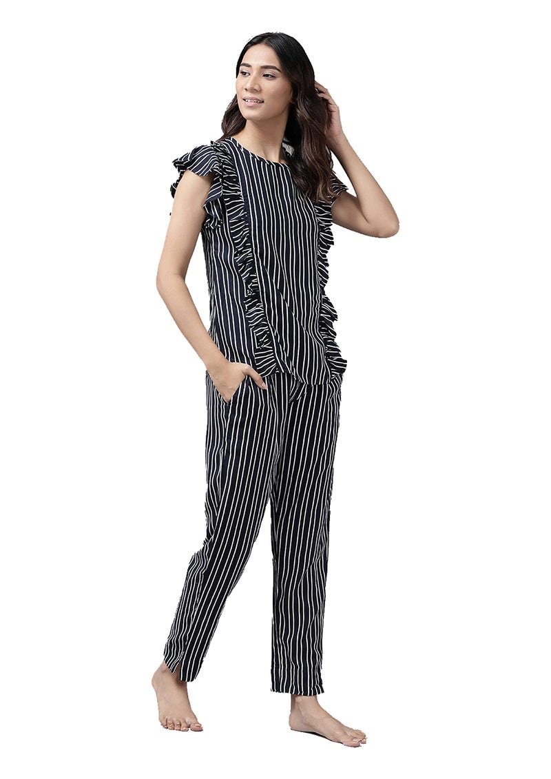 Yash Gallery Women's Rayon Striped Print Flare Short Sleeve Round Neck Night Suit Pajama Set (Blue, XS) - Image 2