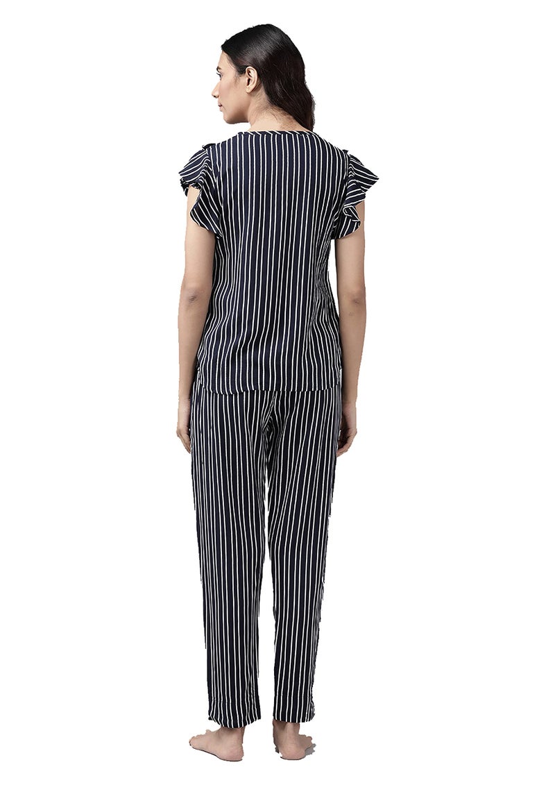 Yash Gallery Women's Rayon Striped Print Flare Short Sleeve Round Neck Night Suit Pajama Set (Blue, XS) - Image 3
