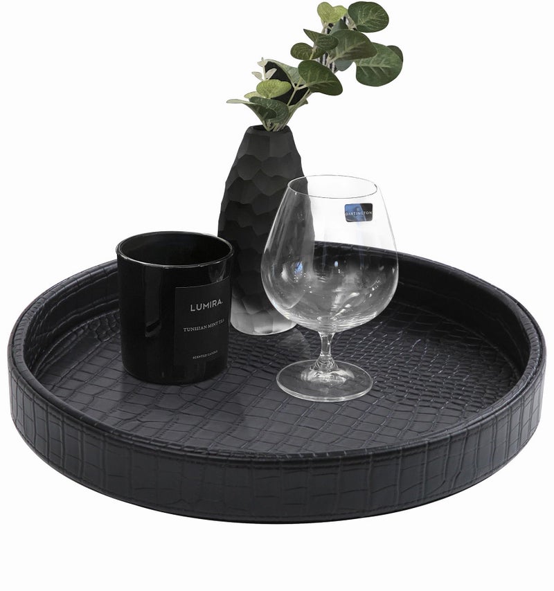 HofferRuffer Faux Leather Round Serving Tray Vegan Croco Leather Decorative Tray Food Tray for Storage Drinks Snack  Cosmetics Dia12 x 16 Black