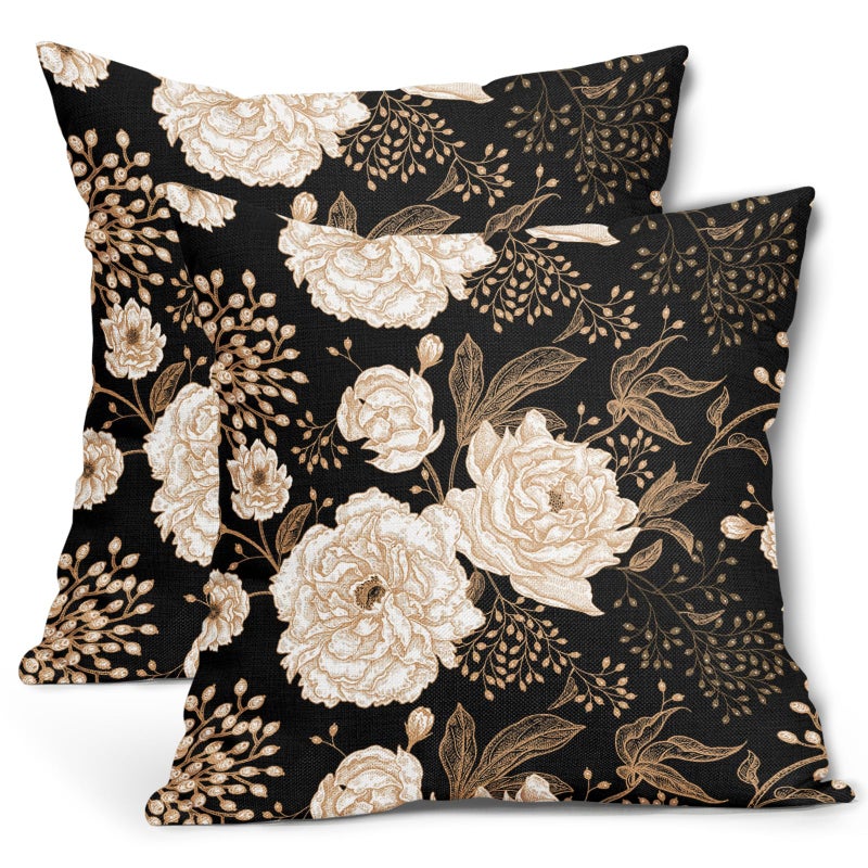 aportt Vintage Peony Roses Floral Plant Pillow Covers 18X18 Inch Set of 2 Chinoiserie White Flower Leaves Decorative Pillow Cases Black Gold Cushion Case Vintage Home Decor for Sofa Couch Outdoor - Image 1