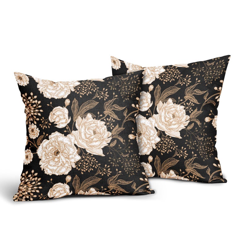 aportt Vintage Peony Roses Floral Plant Pillow Covers 18X18 Inch Set of 2 Chinoiserie White Flower Leaves Decorative Pillow Cases Black Gold Cushion Case Vintage Home Decor for Sofa Couch Outdoor - Image 2