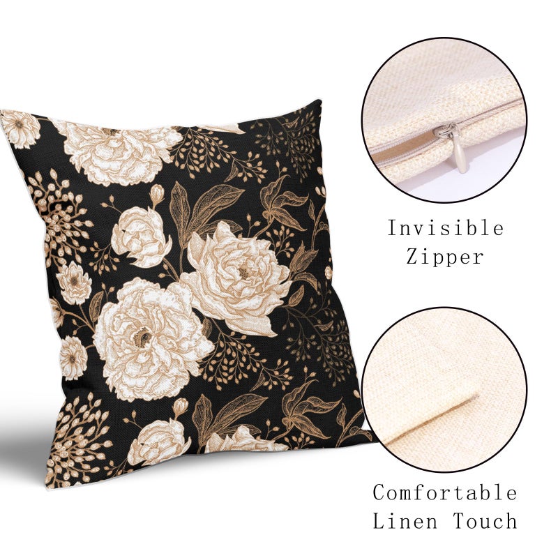 aportt Vintage Peony Roses Floral Plant Pillow Covers 18X18 Inch Set of 2 Chinoiserie White Flower Leaves Decorative Pillow Cases Black Gold Cushion Case Vintage Home Decor for Sofa Couch Outdoor - Image 3