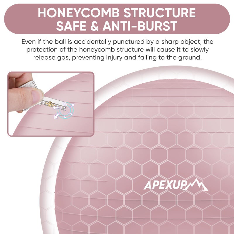 APEXUP Yoga Ball Exercise Ball Anti Slip Heavy Duty for Fitness, Balance & Core Workout, Balance Training, Pregnancy & Physical Therapy, 5 Sizes (L (23"~26") 65cm, Pink) - Image 3