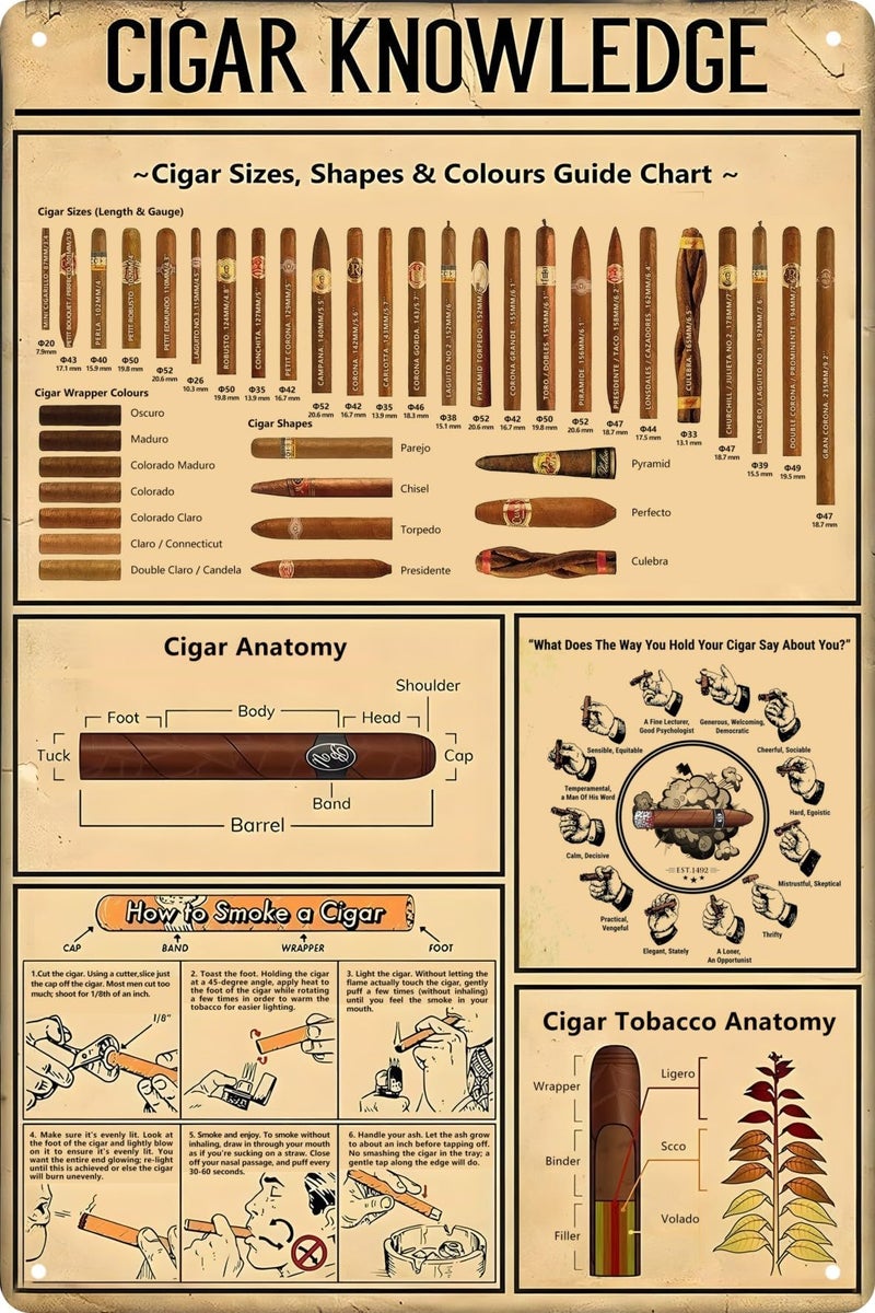 CSWLJS Cigar Quote Wall Decor Vintage Art Poster Plaque Cigar Knowledge Metal Poster Plaques for Home Living Room Kitchen Cafe Bar Garage Wall Decor 8x12 in - Image 1