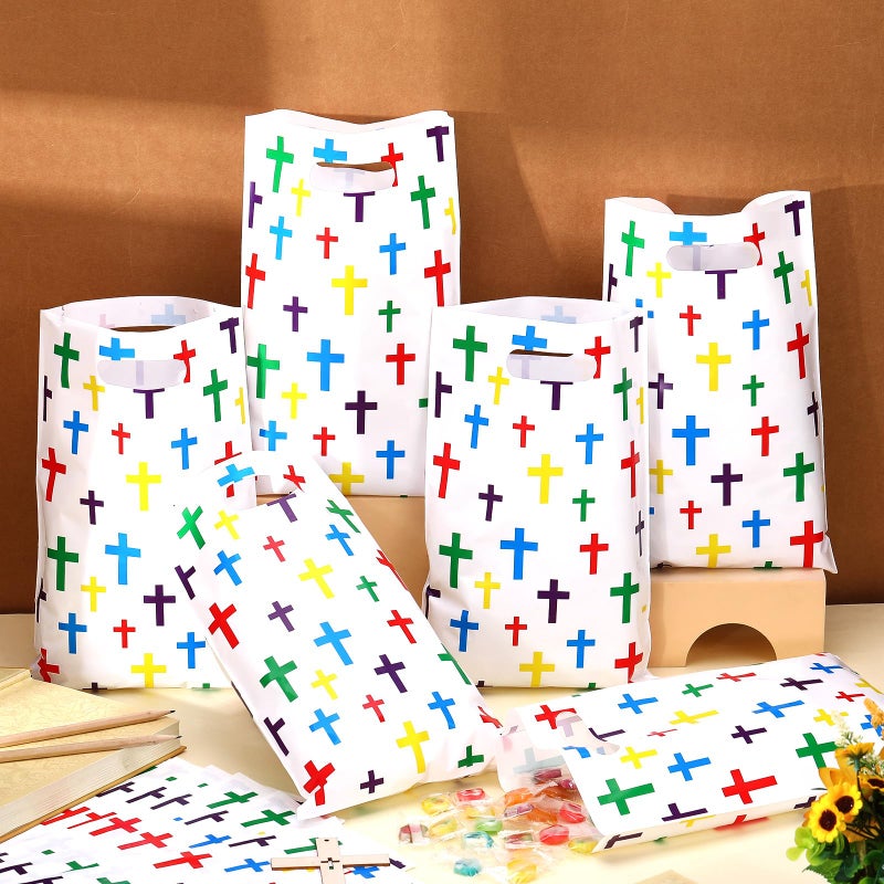 Panelee 100 Pcs Easter Plastic Bags with Handles Colorful Cross Religious Goody Treat Kids Adult Christian Candy Gift Bag for Vbs Church Party Supplies Party Favor Decoration - Image 3