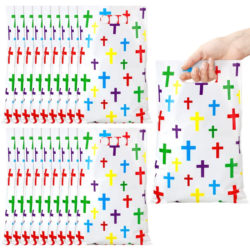 Panelee 100 Pcs Easter Plastic Bags with Handles Colorful Cross Religious Goody Treat Kids Adult Christian Candy Gift Bag for Vbs Church Party Supplies Party Favor Decoration - Image 1