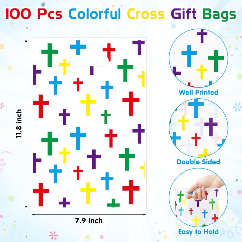 Panelee 100 Pcs Easter Plastic Bags with Handles Colorful Cross Religious Goody Treat Kids Adult Christian Candy Gift Bag for Vbs Church Party Supplies Party Favor Decoration - Image 2