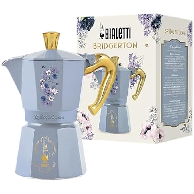 BIALeTTI Moka Express Bridgerton 6 Cups AntiScald Handle Not Induction 6 Cups 270Ml Aluminium Sky Blue Wit - Image 1
