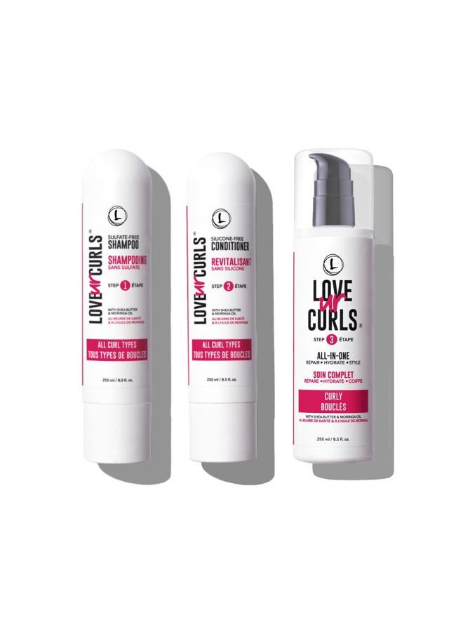 Love Ur Curls مجموعة شامبو وبلسم مع كريم تصفيف لجميع أنواع الشعر المجعد، نظام 3 خطوات للإصلاح والترطيب - Image 1