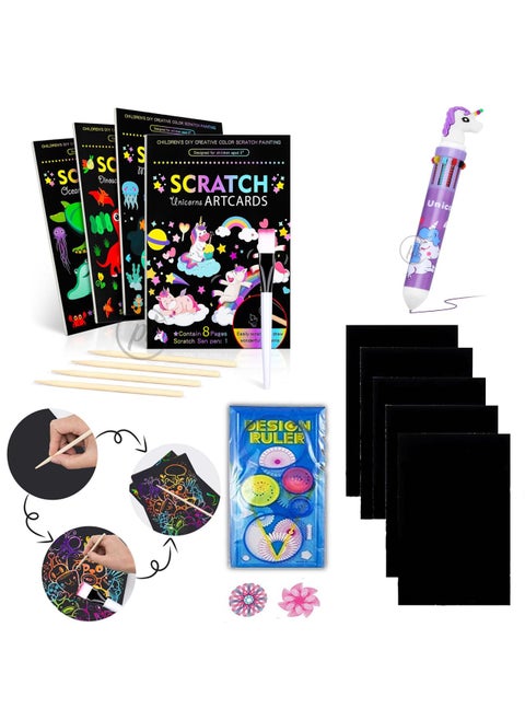 Promote 4 Unicorn Scratch Paper Spiral Notebook A5 Sized With Wooden Scratching Tool 1 Creative Spiral Ruler 1 Unicorn Multicolor 10 in 1 Ballpoint Pen Art And Craft Materials Sets for Girls Boys