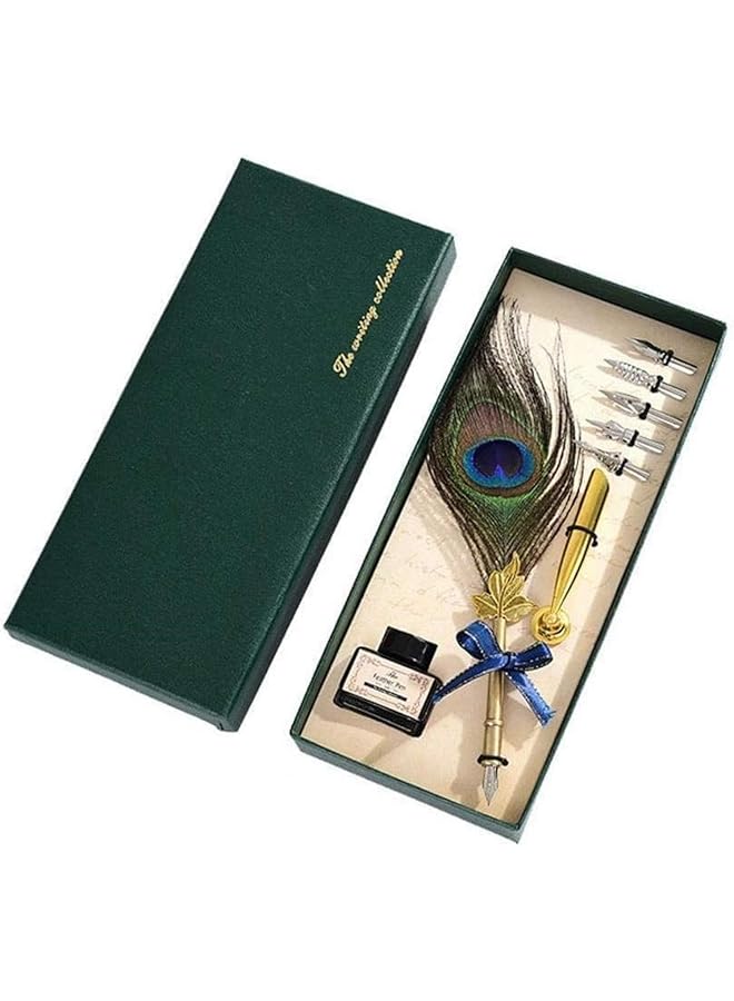 إيروريكس مجموعة أقلام ريش الطاووس: قلم ريشة لطيف بمقبض معدني، أقلام خط رائعة مع حامل طرف، قلم غمس لتدوين اليوميات، هدية، ديكور مكتب - Image 1