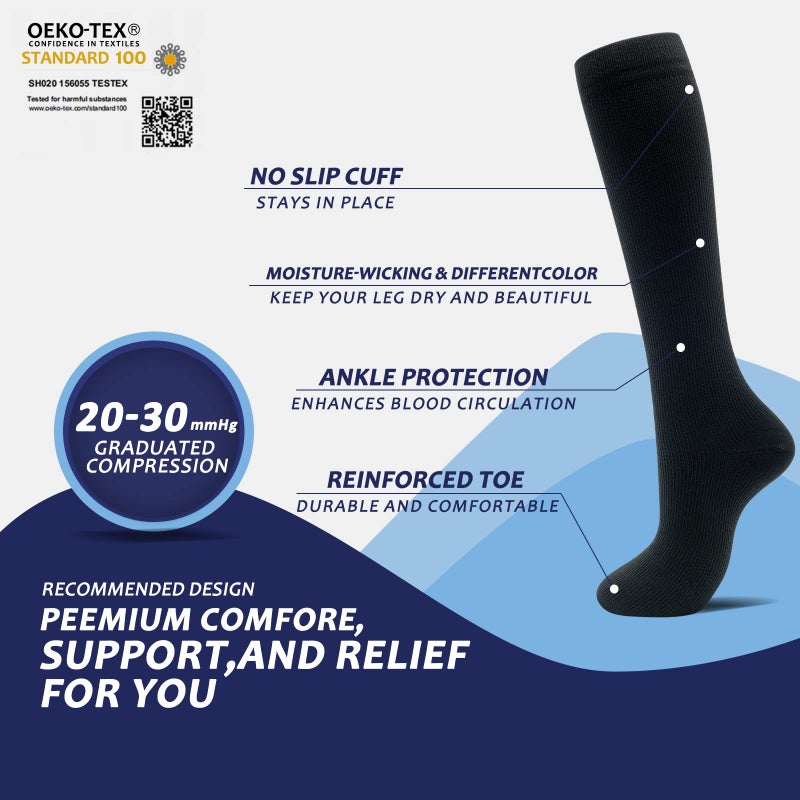 fenglaoda 8 Pairs Compression Socks for Men & Women 20-30 mmHg Knee High Nurse Pregnant Running Medical and Travel Athletic(L/XL,Black,) - Image 3