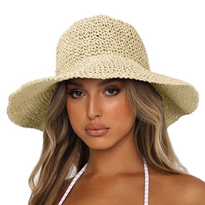 Womens Sun Hats Wide Brim Summer Beach Hat for Women Foldable Travel Straw Hat UPF50+