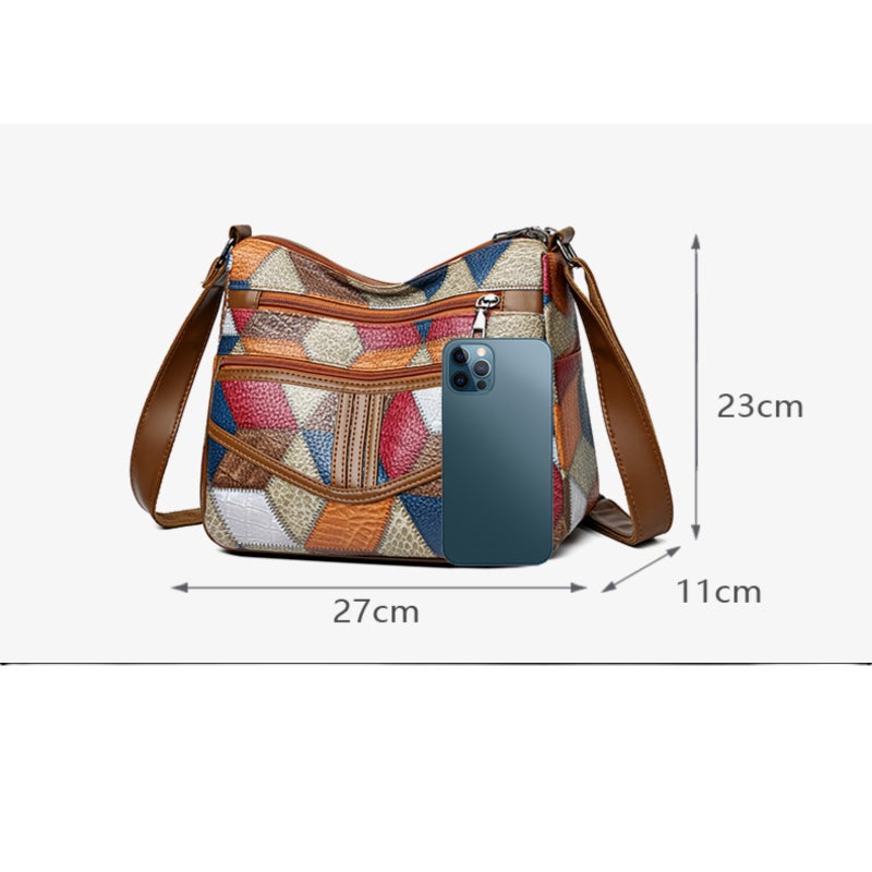 PU soft leather patchwork printed multi-compartment single-shoulder crossbody bag - Image 2