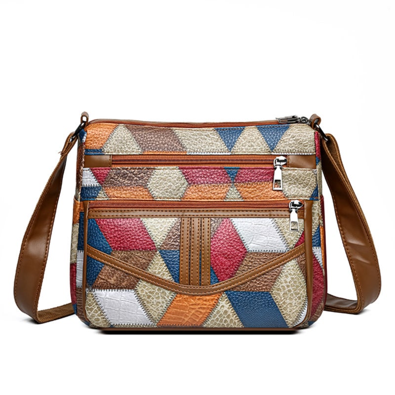 PU soft leather patchwork printed multi-compartment single-shoulder crossbody bag - Image 1