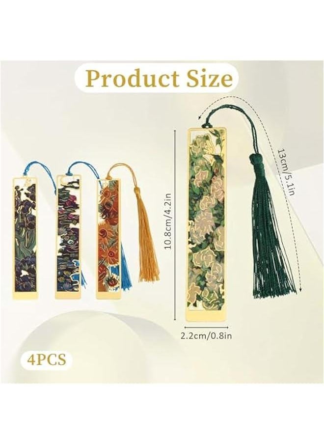 Generic - Set of 4 Metal Bookmarks with Tassel featuring Hollow Flower Design Inspired by Van Gogh's Golden Oil Paintings - Perfect for Women, Kids, Students, Teachers, and Book Enthusiasts - Image 1