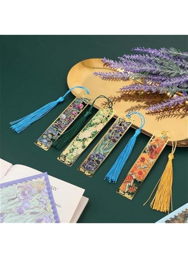 Generic - Set of 4 Metal Bookmarks with Tassel featuring Hollow Flower Design Inspired by Van Gogh's Golden Oil Paintings - Perfect for Women, Kids, Students, Teachers, and Book Enthusiasts - Image 1