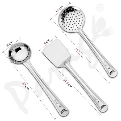 Parage 3 Pieces Stainless Steel Kitchen Tools Set for Cooking and Serving, Pack of 3 Ladle (Karachhi), Skimmer (Jhara) & Turner/Spatula (Palta) Silver, Size: 32 cms, 33.5 cms, 34.5 cms - Image 2