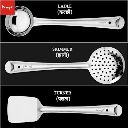 Parage 3 Pieces Stainless Steel Kitchen Tools Set for Cooking and Serving, Pack of 3 Ladle (Karachhi), Skimmer (Jhara) & Turner/Spatula (Palta) Silver, Size: 32 cms, 33.5 cms, 34.5 cms - Image 3