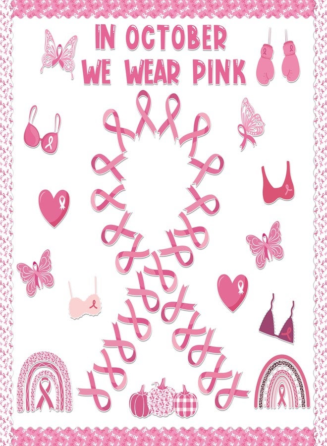 CPicdn 123Pcs Pink Ribbon Breast Cancer Awareness Bulletin Board Classroom Decoration Set, Pink Ribbon Cutouts Name Tags Border Trim Charity Event Decor Office School Chalkboard Wall Supplies - Image 1