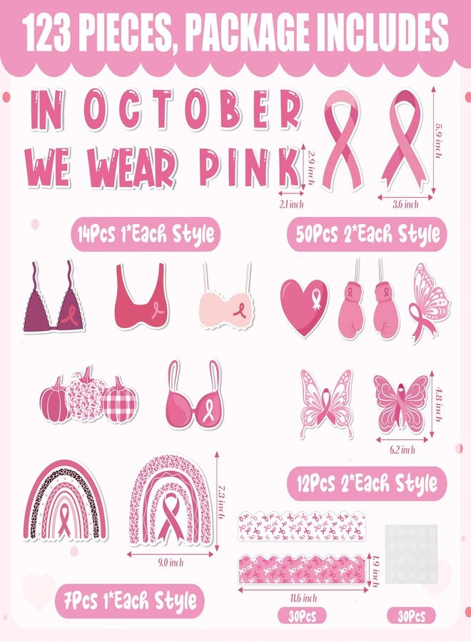 CPicdn 123Pcs Pink Ribbon Breast Cancer Awareness Bulletin Board Classroom Decoration Set, Pink Ribbon Cutouts Name Tags Border Trim Charity Event Decor Office School Chalkboard Wall Supplies - Image 2