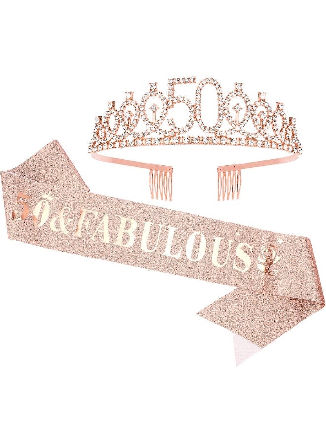 Casoty Casoty 50th Birthday Sash and Tiara for Women, Rose Gold Crown '50 and Fabulous' Sash & Crown Set, 50th Birthday Gifts for Women, 50th Birthday Decorations Women  - Image 1
