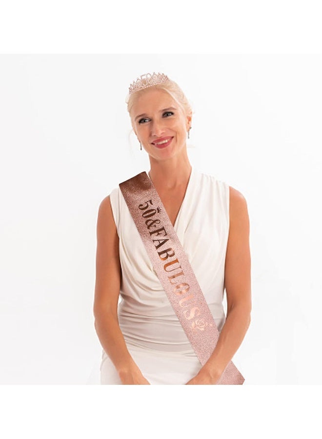 Casoty Casoty 50th Birthday Sash and Tiara for Women, Rose Gold Crown '50 and Fabulous' Sash & Crown Set, 50th Birthday Gifts for Women, 50th Birthday Decorations Women  - Image 4