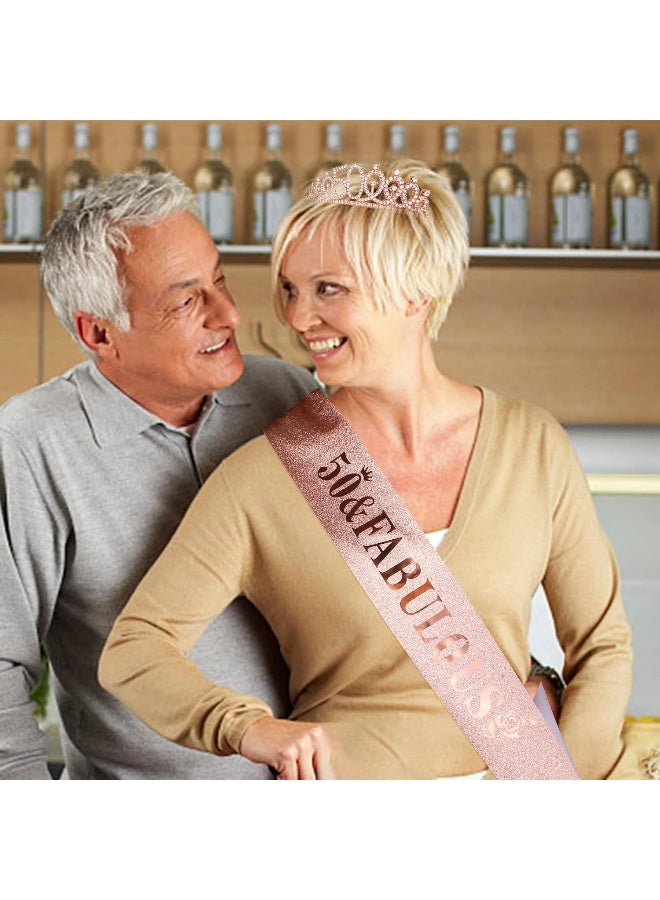 Casoty Casoty 50th Birthday Sash and Tiara for Women, Rose Gold Crown '50 and Fabulous' Sash & Crown Set, 50th Birthday Gifts for Women, 50th Birthday Decorations Women  - Image 3