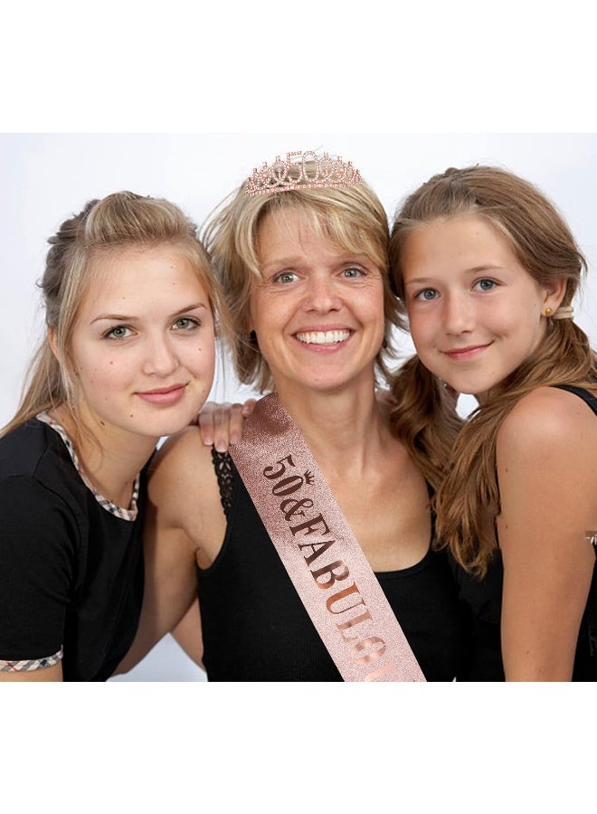 Casoty Casoty 50th Birthday Sash and Tiara for Women, Rose Gold Crown '50 and Fabulous' Sash & Crown Set, 50th Birthday Gifts for Women, 50th Birthday Decorations Women  - Image 2