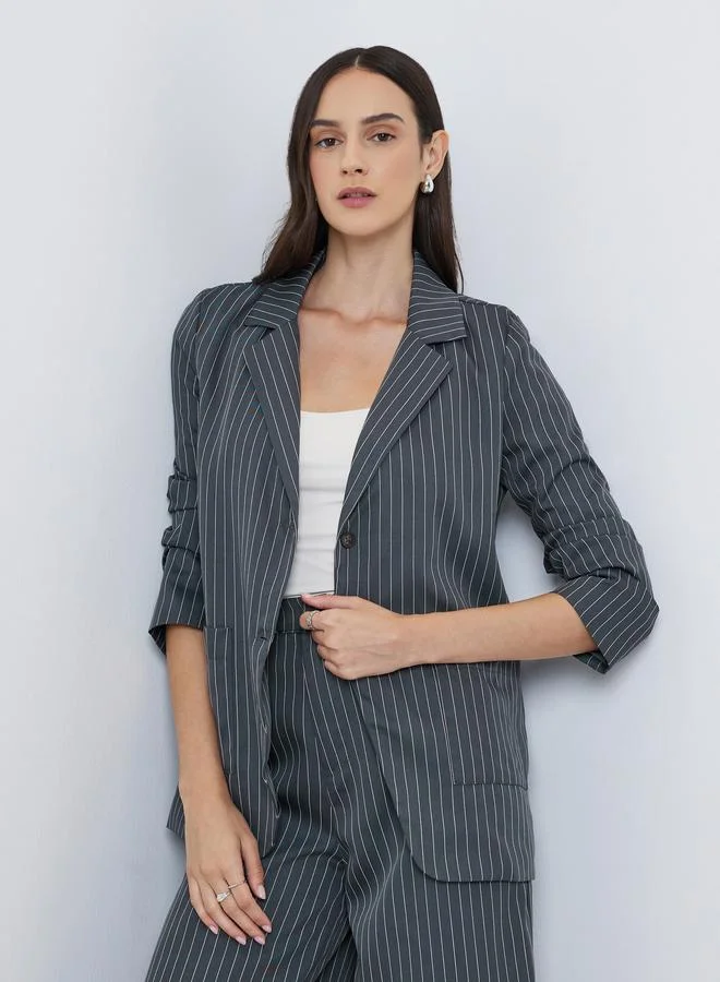 Styli Styli Navy Blue Pinstripe Regular Fit Blazer
