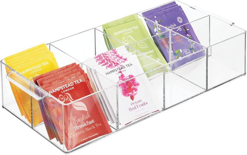 mDesign Plastic Condiment Organizer and Tea Bag Holder - 8-Compartment Kitchen Pantry/Countertop Storage Caddy - Divided Chip, Snack, Oatmeal Packet Holder - Lumiere Collection - Clear - Image 1