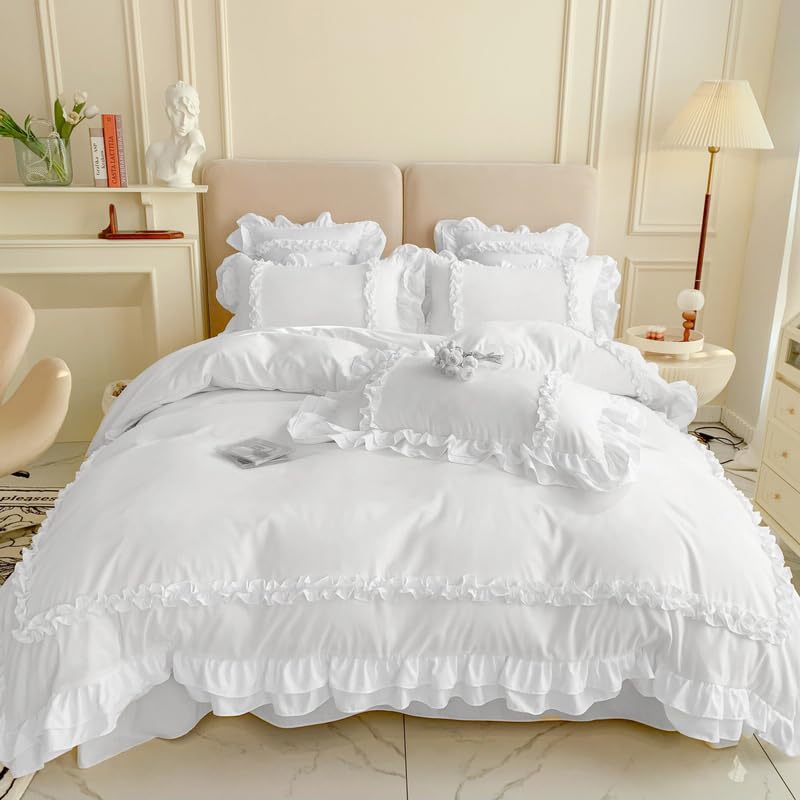 SOUKECHY Chic Lace Bedding,Girls Twin Aesthetic Comforter Cover Set,Cute Princess Style Ruffled Duvet Cover with 2 Layers Ruffles, Zipper Closure-White,Twin - Image 1