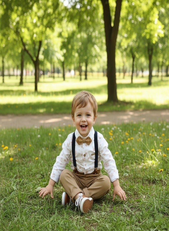 Volunboy Baby Boys Gentleman Guest Suspenders Bowtie Outfits Printed Long Sleeve Wedding Ring Bearer Dress Clothes (Deepkhaki, 4-5T) - Image 3