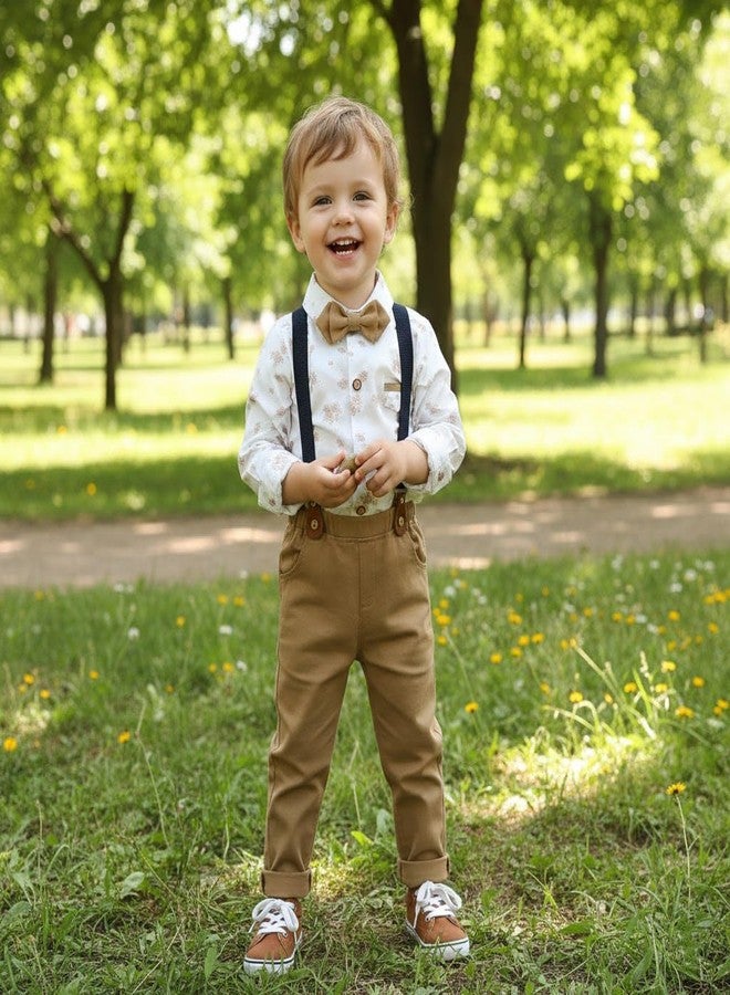 Volunboy Baby Boys Gentleman Guest Suspenders Bowtie Outfits Printed Long Sleeve Wedding Ring Bearer Dress Clothes (Deepkhaki, 4-5T) - Image 2
