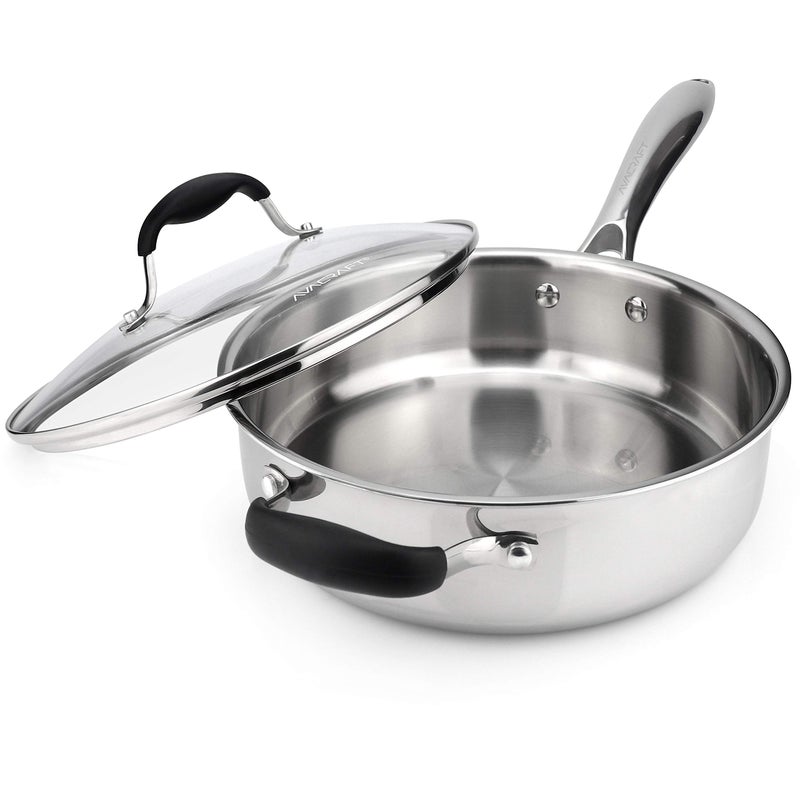 AVACRAFT 18/10 Tri-Ply Stainless Steel Saute Pan with Lid, Helper Handle, Induction & Stovetop, Versatile Stainless Steel Skillet, Cookware (3.5 Quarts)