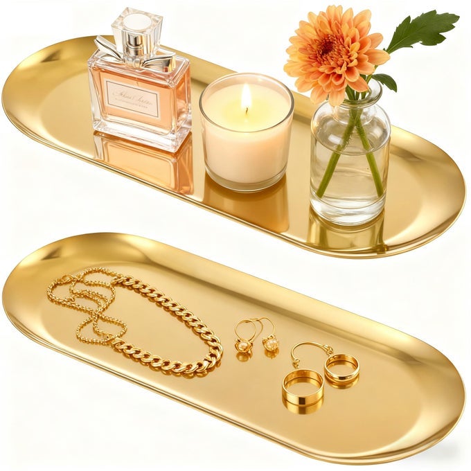 2PACK GOLD DECORATIVE TRAY BATHROOM VANITY TRAY FOR DRESSER COUNTER STAINLESS STEEL JEWELRY DISH TRAY FOR DECOR PERFUME RING KEY CANDLE ORGANIZER TRAY OVAL