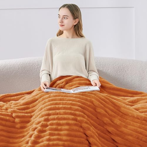 BEDELITE Twin Blanket for Couch Bed 300GSM Soft Warm Fleece Blanket Decorative and Giftable Striped Burnt Orange Blankets for Women Men 60x80 - Image 3