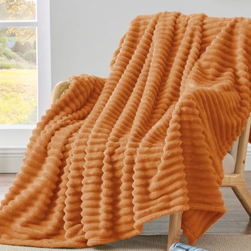 BEDELITE Twin Blanket for Couch Bed 300GSM Soft Warm Fleece Blanket Decorative and Giftable Striped Burnt Orange Blankets for Women Men 60x80 - Image 1