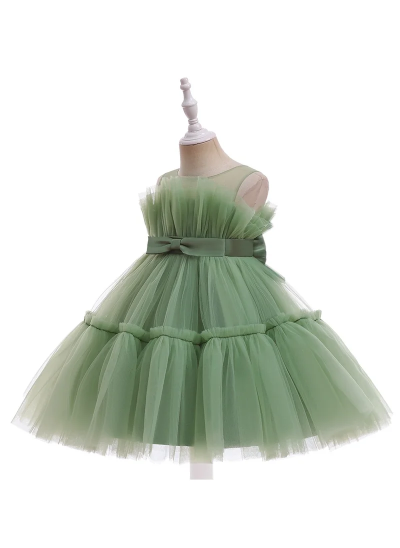 D'Daniela D' Daniela - Toddler Girls Bow Front Ruffle Hem Mesh Gown Dress Olive Green